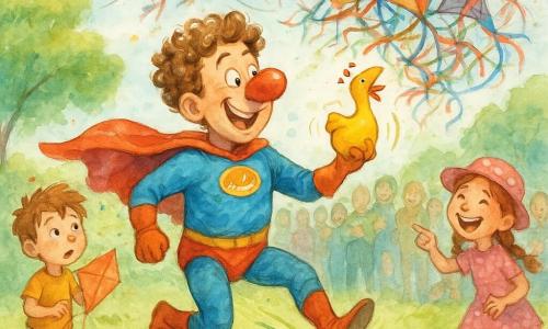 A mischievous, happy comic superhero with springy light-brown curls, a big shiny red nose and a slightly rumpled colorful costume slides on grassy ground doing a dance step while brandishing a yellow rubber chicken named Clucky; to the left, a wide-eyed 6-year-old boy, Timmy, with messy hair holds an orange checkered kite near a picnic blanket; slightly back to the right, a laughing 7-year-old girl in a pink polka-dot hat with braided hair points at a tangle of kites behind the hero; a joyful, colorful crowd forms a blurred semicircle in the sunny park with textured green grass, watercolor trees and a blue sky dotted with clouds and multicolored kites; the hero slides under a “monster” of tangled kites that flow like ribbons, Clucky emits a visible “squawk” shown by small drawn waves, the scene is dynamic, funny and warm with controlled watercolor splashes emphasizing movement.