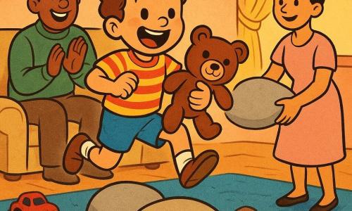 Um menino de 4 anos, alegre e determinado, segura firme um ursinho de pelúcia marrom chamado Tico; veste camiseta amarela com listras vermelhas e short azul, cabelos cacheados castanhos e olhos sorridentes, saltando com um pé sobre uma grande almofada-