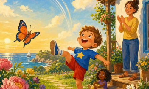 A joyful, determined 4-year-old boy with a round, freckled face and short light-brown hair, wearing a blue T‑shirt with a large yellow star and red shorts, kicks a shiny red ball high into the air; his mother, about 30, with a soft smile and brown hair in a bun, stands on a small wooden terrace to the right, applauding proudly, while an orange-and-blue butterfly named Benny flutters near the flowers on the left. The scene is a summer seaside garden with soft green grass, peonies and daisies, a stone path and a small white house with a wooden porch under a bright blue sky and warm low sun, a simple moment of happiness in golden light with soft shadows, vivid colors and visible gouache texture.