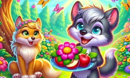 Wally, a little wolf with sparkling blue eyes and soft gray fur, stands under a large oak tree, a wide smile lighting up his joyful face. He holds a plate decorated with shiny apple slices and a beautiful pink flower in the center, showing his pride and excitement. Next to him, Mommy Wolf, a golden-brown she-wolf with gentle eyes, looks at Wally in wonder, her heart overflowing with love. She sits on the green grass, surrounded by colorful flowers, her expression filled with tenderness and joy. The setting is a sunny garden, filled with vibrant flowers, butterflies dancing in the air, and sunlight filtering through the oak leaves. The main scene shows Wally proudly presenting a surprise breakfast to his mom, creating a magical and warm moment celebrating Mother's Day.