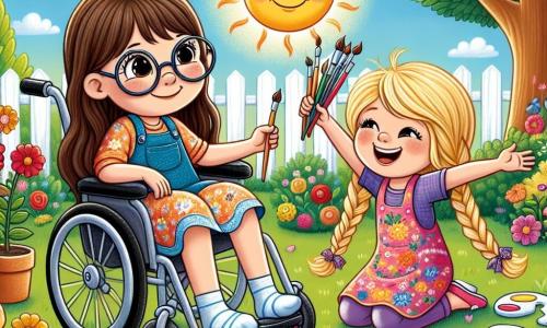 Ana es una niña de 8 años, con largos cabellos castaños y gafas redondas. Está sentada en su silla de ruedas, sonriendo, en el centro de la imagen. A su lado, Clara, una niña de 7 años con trenzas rubias y un vestido colorido, levanta los brazos riendo, sosteniendo pinceles y botes de pintura. Su jardín es un lugar mágico, lleno de flores brillantes de todos los colores: rojas, amarillas y azules. Al fondo, un gran sol sonriente brilla en un cielo azul claro, y una suave brisa hace bailar las hojas de los árboles. Las dos amigas están pintando un gran sol en un papel sobre la hierba, rodeadas de sus materiales de pintura. Ana mira a Clara con alegría, y Clara le muestra orgullosamente el dibujo que acaban de crear juntas.