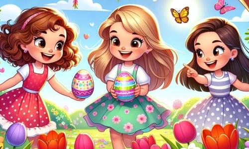 No centro da imagem, três meninas felizes, Ana, Luísa e Clara, estão reunidas em um jardim colorido. Ana, uma menina de oito anos com cabelos cacheados e um grande sorriso, segura um ovo de Páscoa brilhante nas mãos. À sua esquerda, Luísa, também de oito anos, tem cabelos loiros trançados e usa um vestido rosa de bolinhas. Ela olha para o ovo com olhos brilhantes de excitação. À direita, Clara, uma menina de cabelos castanhos lisos e vestindo um vestido azul, aponta para uma linda flor que dança ao vento, como se tivesse encontrado um tesouro. O jardim está cheio de flores coloridas, como tulipas vermelhas, narcisos amarelos e violetas, todas vibrantes sob o suave sol de Páscoa. Ao fundo, uma grande árvore com ramos estendidos abriga borboletas que voam alegremente ao redor das meninas. A cena principal mostra as três amigas em uma caça aos ovos de Páscoa, descobrindo ovos escondidos entre as flores, com risadas e sorrisos radiantes, simbolizando a amizade e a magia deste dia festivo.