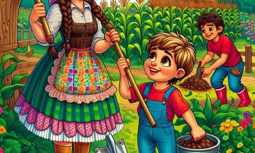 Dona Maria é uma mulher de cerca de quarenta anos, sorridente e cheia de vida, com longos cabelos castanhos presos em um coque. Ela usa uma blusa xadrez colorida e uma calça jeans, segurando uma pá nas mãos enquanto constrói uma barreira de terra para proteger suas plantas da chuva. Seu rosto expressa determinação e alegria por trabalhar em sua fazenda. Ao seu lado, Ana, uma menina de cerca de 8 anos, com cabelos loiros trançados e um grande sorriso, ajuda Dona Maria segurando um balde de terra. Ela usa um vestido florido e botas de borracha, admirando Dona Maria. Pedro, um garoto de 9 anos, com cabelos castanhos bagunçados e uma camiseta vermelha, está ocupado recolhendo galhos caídos devido à tempestade. Ele está um pouco mais longe, mas lança olhares entusiasmados para Dona Maria e Ana, pronto para ajudar. A cena ocorre em uma fazenda verdejante, cercada por campos de milho e flores coloridas. O céu está nublado, mas a luz do sol brilha através das nuvens, iluminando a fazenda. Animais, como galinhas e porcos, se movem alegremente ao redor. A situação principal mostra Dona Maria e as crianças trabalhando juntas para consertar os danos causados por uma forte tempestade, unindo forças para proteger a bela fazenda que tanto amam.