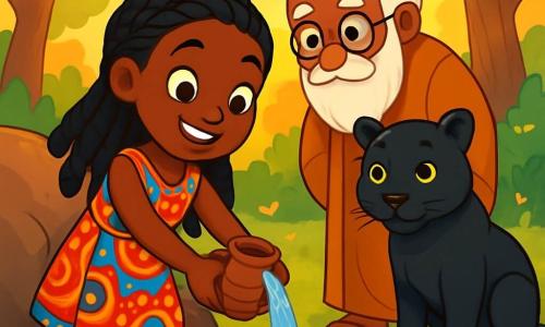 Asha, uma jovem de pele dourada e cabelos negros trançados, está de pé com um sorriso radiante no rosto. Seus olhos brilham de emoção enquanto ela enche um pequeno pote com água clara de uma fonte escondida sob uma grande rocha. Ela usa um vestido colorido adornado com padrões africanos vibrantes que dançam ao vento. Perto dela, um sábio idoso, com uma longa barba branca e óculos redondos, observa Asha com benevolência. Ele veste uma túnica tradicional e está levemente curvado, como se carregasse o peso da sabedoria. Uma majestosa pantera de pelagem negra brilha ao seu lado, com olhos doces e curiosos fixos em Asha, pronta para protegê-la. A cena ocorre em uma clareira verdejante, cercada por majestosas árvores e flores coloridas que florescem sob o suave sol do crepúsculo. O chão está coberto de folhas douradas e pequenas pedras brilhantes, enquanto um leve riacho murmura nas proximidades, adicionando um toque de magia à atmosfera. Asha, cheia de determinação e alegria, está enchendo seu pote de água para nutrir um baobá em seu jardim, honrando assim uma promessa feita à sua avó.