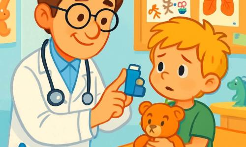Dr. Oliver is a man in his forties with slightly tousled brown hair and round glasses that give him a friendly appearance. He wears a spotless white coat and has a stethoscope around his neck, displaying a warm and reassuring smile. Next to him, Timmy, a 7-year-old boy with messy blonde hair and sparkling eyes, looks a bit anxious as he holds a stuffed animal. The scene takes place in a bright and welcoming examination room, decorated with colorful posters and a large board filled with children's drawings. A small examination bed is in the center of the room, surrounded by toys and books to entertain young patients. Dr. Oliver is examining Timmy, who has a slight worried look on his face, while the doctor calmly explains how to use his inhaler. The atmosphere is warm and caring, filled with bright colors and a reassuring ambiance, illustrating the trust between the doctor and his young patient.