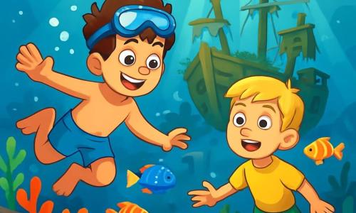 Hay 2 personajes principales: - Lucas: un niño de 10 años con cabello castaño y rizado, que lleva un bañador azul y unas gafas de buceo en la frente. Está nadando con entusiasmo, con una mano extendida hacia el fondo del agua. - Mateo: un niño de 10 años con cabello rubio y liso, que lleva una camiseta amarilla y aletas verdes. Está justo al lado de Lucas, mirando con asombro un viejo barco naufragado en el fondo del océano. La situación principal transcurre en un océano cristalino, lleno de corales coloridos y peces multicolores. Al fondo, se ve un viejo barco de madera cubierto de algas y corales, con rayos de luz filtrándose a través del agua, creando una atmósfera mágica y misteriosa. La historia muestra a Lucas y Mateo descubriendo el barco naufragado, con sus rostros iluminados por la emoción y la curiosidad, mientras se acercan al tesoro escondido, rodeados de peces nadando alegremente a su alrededor.