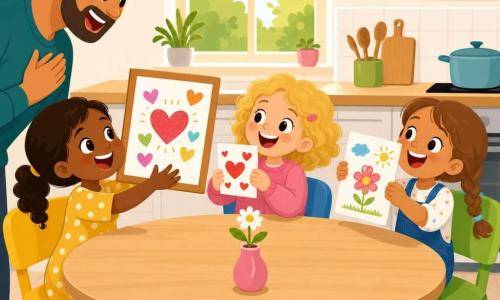 Drie meisjes van 4 jaar — Noor (bruin haar in staartjes, gele jurk met witte stippen) links, Lila (blond krullend haar, roze trui) in het midden en Juul (lichtbruin ingevlochten haar, blauwe tuinbroek) rechts — staan in een lichte, gezellige keuken bij een grote houten tafel met gekleurde stoelen en een raam; ze geven hun papa een zelfgemaakte Vaderdagkaart en een tekening in kartonnen lijstje, vrolijke gezichten en liefdevolle gebaren.