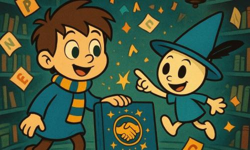Un apprendista stregone di 6 anni, viso rotondo, grandi occhi verde chiaro, capelli castani spettinati, piccola tunica blu e sciarpa a righe, sorride meravigliato con la mano su un vecchio libro di velluto blu su un piedistallo; accanto Scrib, piccolo essere non umano alto quanto un quaderno con tunica azzurra e cappello a punta, pelle pallida come carta e una piuma nera dietro l'orecchio, salta indicando il simbolo d'oro. La stanza è circolare con libri fluttuanti e pagine luminose come farfalle di lettere, lampade sospese in vetro ambrato e scaffali curvi in legno verde scuro; al centro un libro antico su un piedistallo intagliato mostra un simbolo dorato di due mani che si stringono circondato da stelle e lettere colorate che volano come farfalle. Atmosfera calda e luminosa, ombre morbide, colori saturi (blu scuro, oro, verde smeraldo), tratti rotondi e movimenti esagerati in stile cartoon retrò.