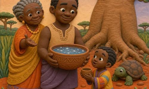 Around a large baobab in an African clearing with red-orange soil and ribbon-like tall grasses, Kofi, a smiling round-faced man with bright eyes and chocolate skin, holds a wooden gourd of clear, mirror-like water and looks determined and serene; behind him to the left, Nana Ama, an elderly woman with tightly braided gray hair and a gentle smile, reaches out as if to bless him; in front to the right a small boy of about six with short braids and a colorful dress holds a small cup and gazes at the water in wonder; at the baobab’s base rests Timi the turtle with a textured shell and calm expression; the scene is warm, vibrant, child-friendly, with simple shapes and thick, smooth, clay-like textures under a pastel sky with a soft sun.