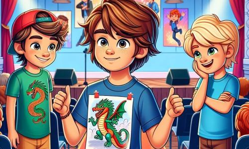 Drie hoofdpersonen staan op een talentenshow in een school: 

1. **Lucas** (jongen, 10 jaar): Hij heeft rommelig bruin haar en draagt een blauwe t-shirt met een tekening van een draak. Hij houdt een groot vel papier vast met zijn prachtige tekening van een vliegende draak, zijn gezicht is zowel nerveus als vastberaden.

2. **Sam** (jongen, 10 jaar): Hij heeft blond haar en draagt een rode pet. Hij staat naast Lucas, glimlachend en aanmoedigend met een duim omhoog, zijn ogen stralen trots uit.

3. **Jesse** (jongen, 10 jaar): Hij heeft kastanjebruin haar en draagt een groene t-shirt. Hij staat iets achter Lucas met gekruiste armen, een grote glimlach op zijn gezicht, klaar om zijn vriend aan te moedigen.

De locatie is een klaslokaal dat is omgetoverd tot een podium, met rode fluwelen gordijnen, fonkelende lichtjes en rijen stoelen vol leerlingen en ouders, die allemaal geboeid zijn door de voorstelling.

De belangrijkste situatie toont Lucas die op het punt staat zijn tekening te presenteren, diep ademhalend, terwijl het publiek vol verwachting wacht, wat een sfeer van spanning en opwinding creëert.