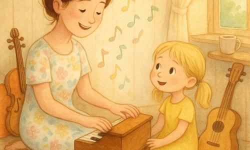 Uma cantora-músico sorridente e doce, olhos brilhantes, cabelo castanho em coque solto, vestindo um vestido simples de flores em tons pastéis, está sentada no chão acariciando as teclas de um pequeno piano de madeira envernizada; uma menina de cerca de 5 anos, cabelos loiros em maria-chiquinhas e vestido amarelo, senta-se num tapete colorido à direita da cantora com a mão sobre o piano, enquanto um violino encostado num almofadão, um pequeno tambor colorido e um violão acústico apoiado na parede, todos com expressões amigáveis, completam a cena; o estúdio é uma pequena sala acolhedora com paredes de madeira clara, janela aberta deixando entrar um raio de luz dourada e cortinas leves ao vento, e uma caneca de chá fumegante numa prateleira baixa; notas musicais estilizadas em cores pastéis flutuam no ar formando um rastro luminoso entre a cantora e a menina; atmosfera calma e aconchegante, texturas aquareladas suaves, sombras leves e contornos finos, paleta de cores quentes e apaziguadora, cena centrada no gesto de partilha — a mulher canta suavemente e guia a menina para sentirem a música juntas.