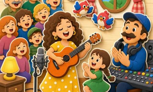 A smiling radiant female singer with curly brown hair in a yellow dress with white polka dots holds a shiny orange guitar, standing and singing with eyes half-closed and a smiling open mouth; an adult male sound engineer, mustached and wearing a blue cap, holds large black headphones and applauds slightly behind her to the right; a young girl of about six with braids in a green dress jumps and claps in the foreground; a small choir of village adults and children (mixed, ages 5–40) stands behind them as colorful smiling silhouettes; three round blue-and-red birds fly near the window as if listening; warm studio with light wood walls, a large round window with a red-check curtain, rounded microphones, colorful knobs and a small yellow lamp on a left table; main scene: the woman plays guitar and gathers the village in a joyful song, bright colors, simple shapes and thick outlines for a sticker-like look.