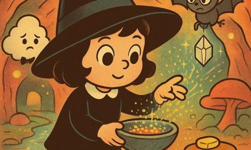 Mimi, a ~7‑year‑old apprentice witch with a round face, big curious eyes and an oversized slipping hat, offers a small stone bowl of glittering confetti while catching flying sparks; her wand on the table 
