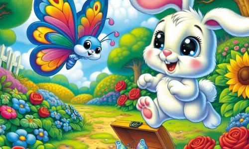 Um coelhinho chamado Pip, com pelos brancos e grandes orelhas, está pulando alegremente no meio de um jardim colorido, seus olhos brilhando de curiosidade e empolgação. Ao lado dele, uma linda borboleta azul, com asas delicadas e coloridas, voa em círculos, exibindo uma expressão amigável e divertida. O jardim está repleto de flores vibrantes, como rosas vermelhas, girassóis amarelos e violetas, com majestosas árvores verdes ao fundo, sob um céu azul claro salpicado de nuvens brancas fofas. Pip descobre uma flor amarela brilhante, atrás da qual se esconde uma pequena caixa misteriosa, que ele encontrou após subir em uma grande árvore. A expressão de Pip é de maravilha enquanto ele se prepara para abrir a caixa, ansioso para descobrir o tesouro que ela guarda.