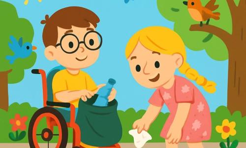 Er zijn 2 hoofdpersonages: - Sam: Een 8-jarig jongetje met bruin haar en een bril. Hij zit in een mooie rode rolstoel, glimlachend en vastberaden. - Noor: Een 7-jarig meisje met lange, gevlochten blonde haren en een roze bloemenjurk. Ze staat naast Sam en raapt een stuk papier op. De situatie speelt zich af op een zonnige straat, omzoomd door groene bomen en kleurrijke bloemen. De grond is geplaveid en vogels zingen in de takken. Er liggen afvalstukken verspreid over de grond, wat contrasteert met de schoonheid van de natuur eromheen. De hoofdactie van het verhaal toont Sam en Noor die afval oprapen. Noor glimlacht terwijl ze een papier vasthoudt, terwijl Sam, geconcentreerd, een fles in een grote tas steekt. Ze worden omringd door schitterende bloemen en vogels die vrolijk in de blauwe lucht vliegen.