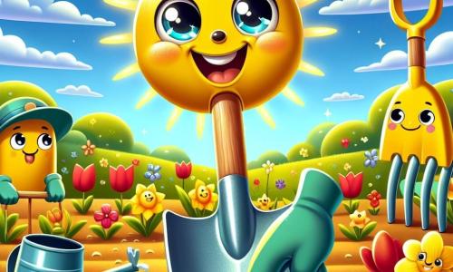 Eine kleine, fröhliche Figur, eine Schaufel namens Schaufi, mit einem strahlenden Lächeln und funkelnden Augen, gräbt im sonnigen Garten. Schaufi ist leuchtend gelb, hat einen langen Holzstiel und eine schaufelförmige Kopf, der im Sonnenlicht glänzt. Neben ihm räkelt sich ein lächelnder Rechen mit funkelnden Metallzähnen und einem freundlichen Gesicht, der den Boden harkt und seine Begeisterung für die Teamarbeit zeigt. Ein wenig weiter gießt eine blaue Gießkanne mit funkelnden Wassertropfen konzentriert und fröhlich die jungen Pflanzen, während grüne Gartenhandschuhe mit sich bewegenden Fingern sorgfältig Samen pflanzen. Der Garten ist voller bunter Blumen, rote Tulpen, gelbe Narzissen und Veilchen, unter einem klaren blauen Himmel mit flauschigen weißen Wolken. Die Sonnenstrahlen erhellen die Landschaft und schaffen eine fröhliche, frühlingshafte Atmosphäre. Die Hauptszene zeigt Schaufi und seine Freunde, die den Garten für den Frühling vorbereiten, jeder mit Begeisterung bei seiner Aufgabe, umgeben von Blumenpracht und Sonnenlicht.