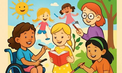There are 4 children: - Maya: a 10-year-old girl with curly brown hair, wearing a blue t-shirt and pink shorts, sitting in a blue wheelchair, holding a paintbrush. - Zoe: a 10-year-old girl with braided blonde hair, wearing a yellow polka dot dress, standing next to Maya, painting a book on the wall. - Lila: a 10-year-old girl with black hair and a green headband, wearing an orange t-shirt, crouching next to Maya, painting a soccer ball on the wall. - Ruby: a 10-year-old girl with red hair and glasses, wearing a purple sweater, standing behind Maya, holding a long paintbrush to paint leaves on a tree. The scene takes place in front of a large playground wall, with buckets of colorful paint lined up on the green grass. The wall is filled with bright and cheerful drawings of children playing, reading, and having fun together under a bright blue sky with a few fluffy white clouds. The main situation shows the four friends painting a large mural together, each adding their personal touch. Maya is smiling joyfully while her friends encourage her, creating a scene full of camaraderie and creativity.