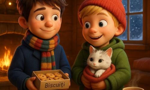 Sunt 3 personaje principale: - Un băiat de 8 ani, pe nume Luca, cu părul șaten ciufulit și obrajii roșii de frig, purtând un palton albastru și un fular colorat. Este în picioare în stânga, ținând o cutie mică de biscuiți. - Un alt băiat de 8 ani, pe nume Matei, cu părul blond și ochi strălucitori, îmbrăcat cu un palton verde și o căciulă roșie. Se află în dreapta, ținând o păturică pentru o pisicuță. - O pisicuță albă cu pete gri, ghemuită în brațele lui Matei, privind curioasă în jur. Locul este interiorul unei case călduroase și primitoare, cu un șemineu de piatră unde arde un foc viu. Ghirlande luminoase decorează pereții de lemn, iar o fereastră mare lasă să se vadă zăpada căzând ușor afară. O masă de lemn este acoperită cu biscuiți și cești de cacao aburindă. Situația principală îi arată pe Luca și Matei, cei doi băieți, care tocmai au închis ușa de la intrare pentru a păstra căldura în interior. Ei zâmbesc, mulțumiți, privind pisicuța care toarce încet. Scena emană căldură, camaraderie și spirit de Crăciun, cu culori calde și detalii festive care adaugă la atmosfera veselă.