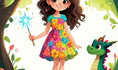 Uma menina de 12 anos, chamada Flora, com longos cabelos cacheados e olhos brilhantes de curiosidade, está no centro da imagem, com um sorriso travesso no rosto. Ela usa um vestido colorido decorado com padrões de flores e segura uma varinha mágica cintilante na mão direita, pronta para usá-la. À sua esquerda, um pequeno dragão chamado Fumaça, com escamas verdes brilhantes e olhos travessos, esfrega-se em sua perna, exibindo uma expressão alegre e travessa. À direita, o duende Pão-de-Mel, um homem de baixa estatura com um grande bigode e um avental de padeiro, observa a cena com um ar divertido, segurando uma miche de pão que parece pular de suas mãos. O cenário é uma charmosa cozinha de estilo mágico, com paredes de madeira esculpida, prateleiras cheias de potes de geleia coloridos e janelas que deixam entrar a luz dourada do sol poente. Pães pulam alegremente ao redor deles, adicionando um toque de magia e movimento à cena. Flora, com um olhar determinado e um toque de humor, tenta acalmar os pães saltitantes com sua magia, enquanto Fumaça, curioso, observa a situação com um sorriso travesso.