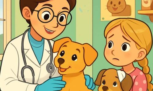 O veterinară, Lina, cu părul brun strâns într-un coc și ochelari rotunzi, zâmbește călduros în timp ce examinează un cățel mic cu ochi strălucitori și blană aurie. Ea poartă un halat alb strălucitor, mănuși din latex și un stetoscop la gât, arătându-și devotamentul și blândețea. Lângă ea, o fetiță de 8 ani, cu părul blond împletit și o rochie roz cu buline, ține un cățel cu urechile bandajate, având o expresie de neliniște amestecată cu speranță. Ea o privește pe Lina cu admirație, nerăbdătoare să vadă cum veterinarul își va ajuta prietenul patruped. Cabinetul veterinar este luminos și primitor, cu pereți vopsiți în verde pastel, rafturi pline de jucării pentru animale și postere colorate cu diferite specii animale. O fereastră lasă să pătrundă lumina soarelui, iluminând spațiul călduros. Scena principală o arată pe Lina liniștind fetița în timp ce examinează cățelul rănit, creând o atmosferă de compasiune și îngrijire, unde dragostea pentru animale și prietenia dintre veterinară și fetiță se împletesc.