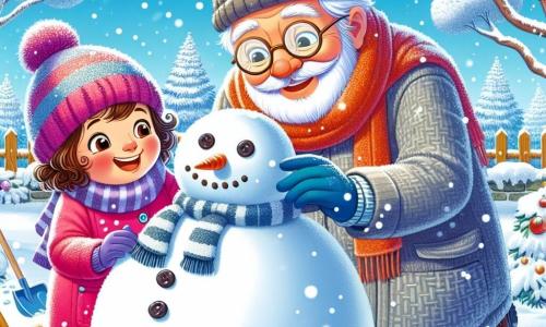 Una niña de 5 años, llamada Sofía, con grandes ojos brillantes y cabello rizado castaño, está construyendo un gran muñeco de nieve en su jardín. Lleva un abrigo rosa brillante, una bufanda a rayas y guantes azules, y su rostro expresa una inmensa alegría y asombro. A su lado, el vecino, el señor Gómez, un hombre de unos 60 años con barba blanca y gafas redondas, sonríe mientras ayuda a Sofía a apilar la nieve. Lleva un gorro de lana y un abrigo gris, y sostiene una pala en la mano. El jardín está cubierto de una gruesa capa de nieve brillante, con árboles cuyas ramas están cargadas de copos blancos, y el cielo es de un azul brillante, iluminado por el sol de invierno. La escena muestra a Sofía y al señor Gómez riendo y divirtiéndose, creando juntos un hermoso muñeco de nieve, con botones de carbón y una zanahoria para la nariz, en un ambiente alegre y cálido.