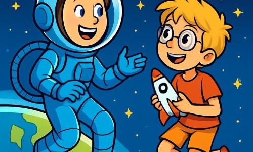 Astronautka, kobieta w wieku około trzydziestu lat z krótkimi, brązowymi włosami, nosi błyszczący, niebieski skafander. Jej twarz wyraża zachwyt i radość, z szerokim uśmiechem, który rozświetla jej błyszczące oczy. Unosi się w kosmosie, otoczona małymi, migoczącymi gwiazdami i spektakularnym widokiem Ziemi w tle, z zielonymi kontynentami i niebieskimi oceanami. Obok niej, 11-letni chłopiec z rozczochranymi blond włosami i okularami, z fascynacją obserwuje. Nosi czerwoną koszulkę i szorty, lekko unosząc się w stanie nieważkości, trzymając w rękach mały model rakiety. Jest zachwycony pięknem kosmosu. Miejsce to kosmiczny krajobraz, wypełniony żywymi kolorami i światłem, z jasnymi gwiazdami i majestatyczną Ziemią poniżej. Główna sytuacja pokazuje astronautkę i chłopca, którzy radośnie rozmawiają, dzieląc się marzeniami o eksploracji kosmosu, podczas gdy unoszą się razem w ogromie wszechświata.