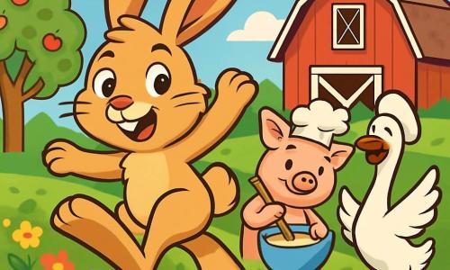 A rabbit named Benny, with large ears and soft caramel-colored fur, sports a mischievous smile and sparkling eyes. He is joyfully hopping through a field of colorful flowers, his hind legs in the air as if ready to land on a cloud of happiness. Beside him, Gertrude, a bright white goose with a vivid orange beak, stands on one leg in a theatrical pose, her wings spread as if on stage. Percy, a pink pig wearing a little chef's hat, is mixing dough in a large bowl, his expression focused yet amused, standing just behind Benny, ready to join the adventure. The setting is a sunny farm with an old red barn in the background, surrounded by green fields, blooming apple trees, and a blue sky dotted with fluffy white clouds. The main scene shows Benny and his friends preparing for a day of games and contests, filled with energy and laughter, ready for an unforgettable adventure.