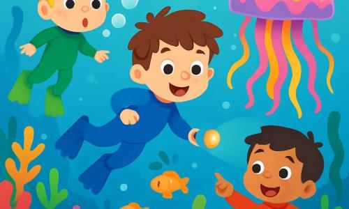 Es gibt drei Charaktere: Ben, ein 4-jähriger Junge mit zerzausten braunen Haaren und funkelnden Augen, trägt einen blauen Tauchanzug und hält eine kleine Unterwasserlampe. Er schwimmt fröhlich in der Mitte des Bildes. Max, ein 4-jähriger Junge mit blonden Haaren und Sommersprossen, trägt einen grünen Tauchanzug und macht mit seinem Mund Blasen, während er links von Ben schwebt. Leo, ein 4-jähriger Junge mit schwarzen Haaren und einem breiten Lächeln, trägt einen roten Tauchanzug und zeigt auf eine wunderschöne, bunte Qualle rechts von Ben. Der Ort ist eine lebendige Unterwasserwelt, gefüllt mit bunten Korallen, funkelnden Fischen und Lichtstrahlen, die durch das klare Wasser filtern. Algen tanzen sanft im Strom, und Luftblasen steigen zur Oberfläche auf. Die Hauptsituation zeigt die drei Freunde bei ihrer Unterwassererkundung, begeistert von der Schönheit der Meeresbewohner um sie herum, während sie eine leuchtende Qualle entdecken, die anmutig schwebt und das Wasser um sie herum in leuchtenden Farben erhellt.
