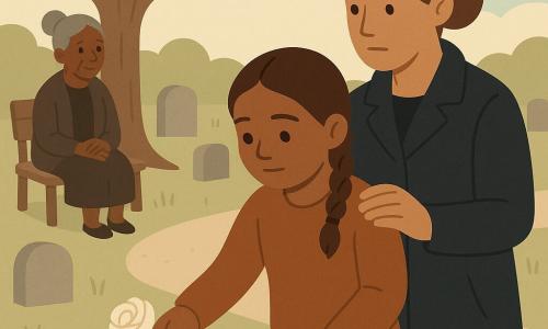 Mädchen, 12 Jahre, rundes Gesicht, braunes geflochtenes Haar, trauriger aber ruhiger Ausdruck, glänzende Augen, hält eine weiße Rose und legt sie auf einen flachen Stein; Frau (Mutter), ca. 40, zusammengebundene Haare, dunkler Mantel, schützender Blick, steht hinter dem Mädchen mit einer Hand auf dessen Schulter; Frau (Großmutter), ca. 70, graue Haare im Dutt, feine Falten, einfache Kleidung, sitzt auf einer Bank beim Baum, gefaltete Hände, zärtlicher Blick zur Enkelin; Ort: kleiner ruhiger Friedhof mit beige Kiesweg, niedrigen Gräbern, großem blattlosem Apfelbaum, blassgrünem Gras und sanftem pastellfarbenem Himmel; Szene: Mädchen legt Rose auf einen schlichten Grabstein, zentrierte Komposition, beruhigende Farben, weiche Kontraste, klare Silhouetten und runde Formen, respektvolle warme Stimmung.