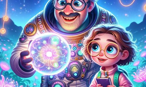 Op de voorgrond staat Dr. Max, een man van ongeveer veertig jaar, met tousled haar en een grote ronde bril die zijn nieuwsgierige blik accentueert. Hij draagt een kleurrijke ruimtepak, versierd met glinsterende gadgets, en toont een brede glimlach van verwondering terwijl hij naar een prachtige glinsterende bol voor zich kijkt. Naast hem staat Lila, een meisje van ongeveer 10 jaar met lang, krullend haar, gekleed in een roze ruimtepak, die de bol met glanzende ogen van opwinding bekijkt. Ze houdt een klein notitieboekje in haar handen, klaar om al hun ontdekkingen op te schrijven. De achtergrond is een buitenaardse planeet met een paarse lucht vol schitterende sterren en glooiende heuvels in felle kleuren. Luminescente bloemen en bomen met vreemde vormen omringen de personages, wat een magische en feeërieke sfeer creëert. De hoofdscene toont Dr. Max en Lila, verwonderd, terwijl ze de glinsterende bol verkennen, die pulserende felle kleuren uitstraalt en een zachte licht uitstraalt, wat de magische energie symboliseert die hun wereld zou kunnen veranderen.