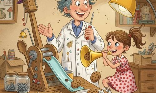 Der Erfinder Hannes lächelt begeistert, zerzauste grau-blaue Haare, Schutzbrille auf der Stirn, farbfleckige Schürze, hält einen Schraubenzieher und streicht liebevoll über einen langen Holzhebel mit aufgemaltem Gesicht; neben ihm steht die etwa 8-jährige Mira mit braunem Pferdeschwanz, lebhaften Augen, Tupfenkleid, Fuß auf einem wackeligen Hocker und drückt die große gelbe Trompete als Knopf; die skurrile Maschine besteht aus dem Holzhebel mit bemaltem Hut, einer alten Holzlöffel‑Schubstange, einer pastellblauen Plastikrampe, sichtbaren Gummibändern und Schrauben, einer kleinen feinen Glocke und einem Porzellanteller für Kekse; mehrere runde Kekse mit großen Schokoladenstücken und einige Krümel in der Luft, einer gleitet die Rampe hinab zu Mirass Hand; die Werkstatt zeigt einen abgeschliffenen Holztisch, Schubladen mit Gläsern und Kartons, eine gelbe Lampenbirne wirft warmes Licht und weiche Schatten, Regale mit Werkzeugen; Stimmung fröhlich und spielerisch, warme Pastellfarben und sichtbare Gouache‑Texturen, Komposition zentriert auf dem Knopf, der die Keksbewegung auslöst.