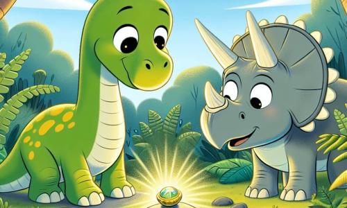 Un diplodocus llamado Dino, con un largo cuello y piel verde salpicada de manchas amarillas, mira con asombro un pequeño artefacto redondo brillante sobre una roca. Sus grandes ojos expresan curiosidad y alegría. A su lado, Rino, un triceratops con majestuosos cuernos y piel gris, sonríe entusiasmado, observando el mismo artefacto. Están cerca de un tranquilo arroyo, rodeados de grandes helechos y árboles de troncos gruesos, bajo un cielo azul salpicado de nubes blancas y esponjosas. La escena muestra el momento mágico en que el resplandor del artefacto comienza a envolver a los dos amigos, simbolizando el asombro y la promesa de aventuras por venir.
