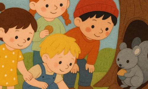 Hay cinco personajes: Ana, 3 años, pelo castaño corto en coletas, vestido amarillo con lunares blancos, toma la mano de Leo y mira la pequeña bola gris junto al hueco del árbol; Leo, 3 años, pelo rubio despeinado, peto azul, agachado señalando diminutas huellas en la tierra junto a Ana; Mia, 3 años, pelo pelirrojo trenzado, jersey verde claro, sostiene una galleta y sonríe detrás de ellos; Tom, 3 años, pelo negro y gorro rojo, con rodillas sucias, se acerca al hueco del árbol inclinándose; y una ardilla bebé gris con orejas grandes y ojos negros que sale de un hueco bajo una rama sosteniendo la pelota azul y un pequeño sombrero peludo. Lugar: jardín claro de suelo terroso con césped moteado, flores de fieltro y un gran árbol con corteza texturada y un hueco oscuro y blando; hay migas de galleta en el suelo como pistas. Situación: los cuatro pequeños detectives siguen huellas minúsculas hacia el hueco del árbol y descubren a la ardilla que ha recogido una pelota azul, un sombrero y una hoja brillante; escena tierna, composición circular alrededor del hueco, colores cálidos y texturas cosidas visibles.