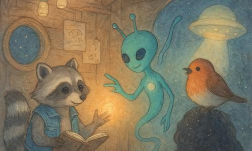 Miro, een kleine wasbeer met zachte ogen en een gestreepte staart, draagt een versleten spijkerjasje en houdt een schetsboek vast; hij vormt met zijn vingers een gebaar en laat een klein warm oranje bolletje licht los. Kix, een slanke blauwgroene buitenaards wezen ter grootte van een eekhoorn met drie dunne vingers en een rond lichtgevend kastje op de borst, zweeft naast Miro en doet hetzelfde gebaar. Rava, een levendige roodborst met een glanzende oranje borst, zit op de leuning van een houten stoel en kijkt verwonderd en zacht zingend naar het licht. De Schaduwzoeker, een donkere zachte massa als een wolk roet met fonkels van binnen, lijkt verlegen en raakt voorzichtig met een doorschijnende slok het licht aan. De boomhut is van ruwe planken, heeft een raam van een oude verrekijkerlens, slingers van vuurvliegjes in potjes, een bladerenmat en krabbelkaarten aan de muren; een glazen schijf in het midden werpt een sterrenkring op het plafond. Hoofdscène: een rustige tedere eerste ontmoeting waarin de personages een broos warm licht delen temidden van houten voorwerpen en geprojecteerde sterren, terwijl buiten stil een klein rond lichtschip verschijnt en een zachte lichthelling naar de hut uitrolt.