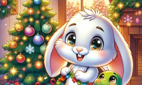 Un coniglietto dalle grandi orecchie, con un morbido pelliccia bianca e occhi brillanti di gioia, sta decorando un albero di Natale in una stanza accogliente. Tiene una ghirlanda colorata tra le zampe anteriori, sorridendo con entusiasmo. Accanto a lui, una piccola tartaruga con un guscio verde brillante, con un dolce sorriso, lo aiuta appendendo stelle di carta sui rami dell'albero, mostrando un'espressione di orgoglio. Sullo sfondo, una finestra lascia entrare la luce dorata del sole, illuminando la neve che cade dolcemente all'esterno, creando un'atmosfera magica e festiva. La stanza è piena di decorazioni colorate e un grande albero scintillante, simboleggiando lo spirito del Natale e l'amicizia.
