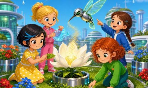 Hay cuatro niñas de 5 años: Luna (pelo negro corto con mechón azul, vestido amarillo de lunares, a la izquierda sosteniendo una hojita sobre la flor), Sol (coletas rubias, mono rosa, detrás de Luna con un mini-regador holográfico), Vera (pelo rojo rizado, suéter verde, arrodillada a la derecha tocando un pétalo caído) y Maya (pelo castaño trenzado, chaqueta azul, un poco atrás a la derecha señalando). Están en la azotea-jardín de un edificio futurista con césped circular, macetas metálicas y flores muy coloridas; al centro vuela un pequeño robot-colibrí cromado con alas transparentes y ribetes verdes que esparce polen dorado sobre una flor blanca que se abre con luz tenue; las niñas lo rodean sonriendo y ayudan regando, protegiendo con la hoja y tocando con delicadeza, ambiente luminoso y estilo cartoon alegre.