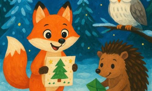 Una pequeña zorra llamada Lila, con un pelaje naranja brillante y ojos llenos de curiosidad, se encuentra alegremente en el centro de un claro nevado. Sostiene una invitación de papel decorada con dibujos de estrellas y abetos, y sonríe con entusiasmo. A su lado, un erizo llamado Bruno, con púas marrones y una mirada amistosa, ayuda a ensamblar sobres hechos de hojas. Un poco más lejos, un búho sabio llamado Maia, con plumas blancas y grises, observa atentamente desde una rama baja, listo para memorizar los nombres de los invitados. El claro está rodeado de grandes abetos cubiertos de nieve brillante, y las luciérnagas iluminan suavemente el espacio, creando un ambiente mágico. La escena principal muestra a Lila y sus amigos preparando las invitaciones para la fiesta de Navidad, un momento de compartir y complicidad en el corazón del bosque invernal.