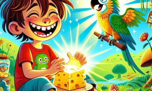 Un ragazzo di 8 anni, Tommaso, con i capelli castani in disordine e occhi pieni di curiosità, ride di gusto tenendo in mano un pezzo di formaggio lucido. Indossa una maglietta rossa con un motivo di dinosauro e pantaloni corti di jeans, seduto in un prato verde. Accanto a lui, Paco, un pappagallo colorato con piume verdi, blu e gialle, vola allegramente con un sorriso malizioso sul becco. La scena si svolge in una radura soleggiata nella Foresta delle Streghe, circondata da alberi con facce buffe e fiori vivaci che danzano nel vento. Al centro, un grande pezzo di formaggio magico, brillante come una stella, poggia su un piedistallo di legno. Tommaso e Paco, in piena scoperta, scoppiano a ridere dopo aver assaggiato il formaggio, creando un'atmosfera gioiosa e ludica.