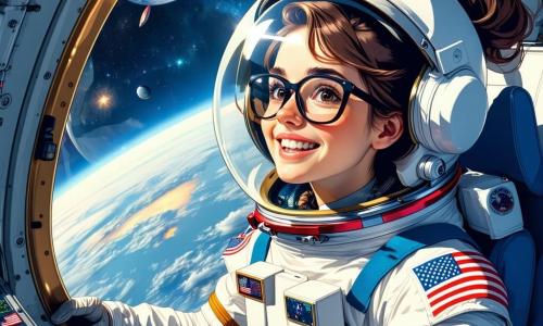 Eine Astronautin mit braunen Haaren, die zu einem Pferdeschwanz gebunden sind, schwebt in der Kabine ihres Raumschiffs, ihr Gesicht strahlt vor Aufregung und Neugier. Sie trägt einen weißen Raumanzug mit bunten Details und Abzeichen, und ihre Augen leuchten vor Staunen, während sie die Weite des Weltraums durch ein Fenster beobachtet. Im Hintergrund schaut ein 10-jähriger Junge mit Brille und zerzausten blonden Haaren bewundernd auf die Astronautin durch einen Kontrollbildschirm und hält ein kleines Raketenmodell in den Händen. Neben ihm zeichnet ein 9-jähriges Mädchen mit lockigem Haar und einem T-Shirt mit Sternen begeistert ein Bild der Erde aus dem Weltraum auf einem Tablet. Der Ort ist das Innere des Raumschiffs, mit leuchtenden Kontrollpanelen, Bildschirmen, die Daten anzeigen, und funkelnden Sternen, die durch die Fenster sichtbar sind. Die Hauptsituation zeigt die Astronautin, die ihre Entdeckung eines mysteriösen Lichtblitzes im Weltraum teilt, während die Kinder, gefesselt, aufmerksam zuhören, ihre Gesichter vom Licht der Bildschirme erleuchtet.