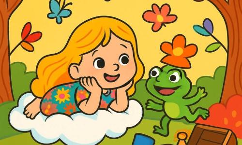 Uma menina de 4 anos, Lia, com longos cabelos dourados e olhos cheios de curiosidade, está deitada em uma nuvem macia, sorridente e sonhadora. Ela usa um vestido colorido com flores e parece pronta para se divertir. Ao seu lado, um pequeno sapo verde chamado Zé, com olhos redondos e travessos, salta alegremente, usando um chapéu em forma de flor na cabeça. A cena acontece em uma floresta encantada, onde árvores de troncos torcidos e folhas multicoloridas dançam com o vento. Borboletas de asas brilhantes voam ao redor, acrescentando um toque de magia ao ambiente. Lia e Zé descobrem um baú misterioso de madeira, cheio de chapéus divertidos, e riem juntos enquanto experimentam os diferentes chapéus, criando uma atmosfera alegre e lúdica.