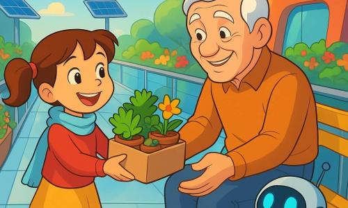 O fetiță de 6 ani, veselă, păr brun în două cocuri și eșarfă ușoară, ține o cutie cu ghivece de plante colorate; un bărbat în vârstă (~70 ani), cu păr argintiu și zâmbet blând, stă pe o bancă-jardiniere metalică și întinde mâinile emoționat pentru a le primi; un mic robot neutru, corp rotund pe roți cu ochi albaștri luminoși, stă lângă ei; locul e un pod suspendat din sticlă între două insule plutitoare, cu jardiniere cu flori, panouri solare și clădiri din oțel lustruit; scena principală: fetița oferă plante bărbatului de pe insula vecină, schimb călduros, lumină aurie reflectată în metal și frunze, atmosferă tandră și optimistă.