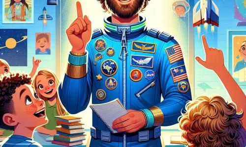 Commander Felix Vega, smiling and radiating excitement, wears a blue spacesuit adorned with colorful badges. He holds a small model rocket in one hand while raising the other as if guiding a group of children. Next to him, a 10-year-old girl, Zoe, with curly, shiny hair, watches with wide eyes, holding a small notebook. A 10-year-old boy, Jackson, with glasses and a broad smile, raises his hand to ask a question, standing just behind Zoe. The scene takes place in a bright classroom decorated with space posters and rocket models hanging from the ceiling. Desks are arranged in a semicircle around Felix, and books about space are scattered on the tables. In this illustration, Commander Felix enthusiastically explains how to become an astronaut, surrounded by captivated children eager to discover the wonders of space.