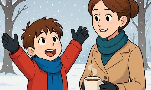 Um menino de 10 anos, com cabelos castanhos bagunçados e bochechas rosadas pelo frio, está no meio de um parque coberto de neve. Ele usa um grande casaco vermelho vivo, um cachecol azul e luvas pretas, e seu rosto expressa uma curiosidade maravilhada. Ao lado dele, sua mãe, uma mulher de cerca de 35 anos com cabelos castanhos presos em um coque, sorri calorosamente enquanto segura uma xícara de chocolate quente. Ela se inclina levemente para ele, como se fosse compartilhar um segredo alegre. O parque está cheio de grandes árvores com galhos nus, cobertos por uma fina camada de neve cintilante, e o chão está coberto de um manto branco. Flocos de neve caem suavemente do céu cinza claro, criando uma atmosfera mágica e pacífica. A cena principal mostra o menino levantando os braços para o céu, maravilhado com a neve que cai, enquanto sua mãe o observa com ternura, compartilhando um momento de felicidade simples no coração do inverno.