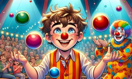 Een 10-jarig jongen, Sam, met rommelig bruin haar en sprankelende ogen van vreugde, staat in het midden van het podium en jongleert met drie kleurrijke ballen. Zijn gezicht straalt van opwinding en vastberadenheid, terwijl een grote glimlach zijn gezicht verlicht. Naast hem applaudisseert Bobo, een vrolijke clown van ongeveer 35 jaar, met een heldere rode neus en een kleurrijke krullende pruik, lachend en voegt een vleugje magie toe aan de sfeer. De scène speelt zich af onder een grote circustent in levendige rood en geel, met fonkelende lichten die de strooien vloer verlichten. Verbaasde toeschouwers van alle leeftijden zitten op houten banken, hun gezichten vol verwondering en applaus. De hoofdscène toont Sam terwijl hij jongleert, omringd door een regen van confetti, wat een feestelijke en blije sfeer creëert terwijl hij het publiek indruk maakt met zijn opkomend talent.