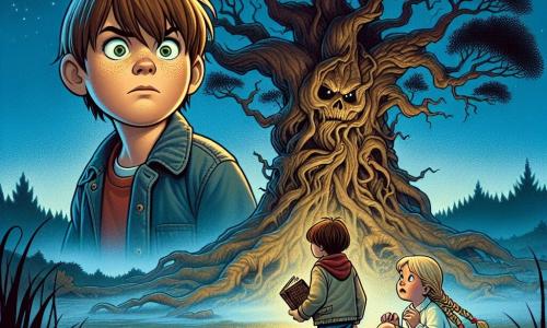 A 12-year-old boy named Tommy stands in front of an old oak tree, his face marked by a mix of determination and apprehension. He has messy brown hair, sparkling green eyes full of curiosity, and wears a worn blue jacket and faded sneakers. Nearby, his best friend Sarah, an 11-year-old girl with braided blonde hair and blue eyes, looks at Tommy with concern, her hands clutching a horror storybook against her chest. The setting is a starry night in an ancient park, where the majestic oak, with its twisted branches and rough trunk, stands at the center, surrounded by fallen leaves and a light mist on the ground, creating a mysterious and slightly eerie atmosphere. The main situation shows Tommy bravely standing in front of the oak, ready to face the legendary Shadowman, while Sarah, slightly back, watches with a glimmer of worry in her eyes, illustrating the mix of fear and bravery in the air.