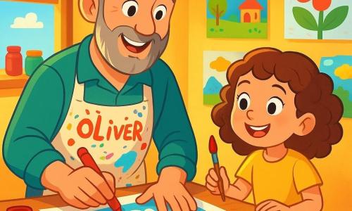 A man with graying hair and a soft beard, named Oliver, stands joyfully in his studio. He wears a paint-splattered apron, his eyes sparkling with excitement as he draws with a bright red marker. Next to him, a six-year-old girl with curly hair and bright eyes watches in wonder, holding a brush in her hand. She smiles, fascinated by the colors coming to life on the paper. The studio is a magical place, filled with pots of vibrant paint, scattered sheets of white paper, and brushes of all sizes. Sunlight filters through a window, illuminating the walls decorated with colorful drawings. The main scene shows Oliver and the little girl creating book covers together, surrounded by vibrant drawings of fantastical landscapes, where heart-shaped clouds float in a bright blue sky.