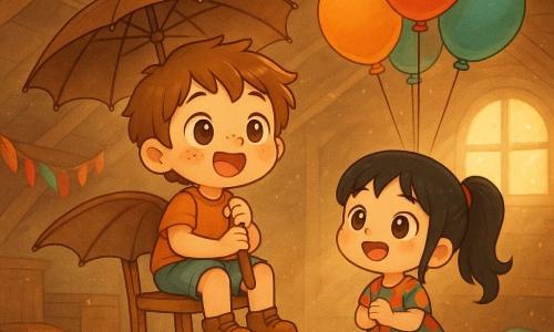 An 8-year-old boy, enthusiastic and wide-eyed with round freckled cheeks and messy light-brown hair, grips the handle of an old umbrella turned wing while sitting on a chair mounted on roller skates; beside him stands or crouches Lucy, an 8-year-old brave smiling girl with black pigtails in a colorful dress, holding several helium balloons tied to the back and looking at him excitedly, in a warm dusty attic with light wood floors, exposed beams, an old trunk, colorful feather garlands, scattered confetti and cushions, and yellow sunbeams through a skylight, as the wheeled chair glides, the balloons lift, the umbrella opens like a wing, and their faces show adorable kawaii expressions in bright, contrasting colors and a joyful hopeful mood.