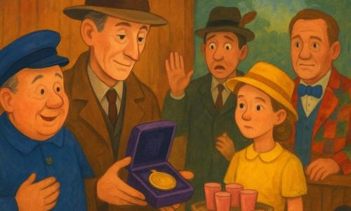 A detective in his fifties with a thin face, brown coat and light hat, calm focused look, holding an open small purple velvet box revealing a shiny gold medal; Mr. Pippin, a round-faced postman about 60, cap in hand, relieved smile and teary eyes, standing left of the detective; Mr. Quill, a thin photographer about 35 with a feathered hat, ashamed and nervous, hands slightly raised behind a small stage to the right; Nina, a 12-year-old lemonade seller with a bun and yellow hat holding a tray of cups near the stage edge and watching attentively; Mr. Tully, the mayor around 50 in a colorful jacket, serious but kind, behind a lectern; setting: large fair hall decorated with red and yellow garlands, painted wooden backdrop, photo booth with a forest backdrop and a blurred audience; scene: a revelation on stage with warm light on the medal, clear expressions of relief and remorse, composition centered on the open box and grouped characters, vivid gouache palette with visible textures and soft strokes.