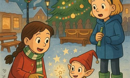 Three characters: Mia, 9, brown hair in a braid, red coat with gold buttons and green-and-white striped scarf, kneeling in the snow and pointing toward a small male elf; Zoe, 9, short blond hair with a headband, blue parka and green rubber boots, holding a kazoo and standing just right of Mia, looking amazed at the elf; and Sparkler, a knee-high male elf with fair skin, a green patchwork jacket and red pointed hat with a bell, sparkling eyes, sitting on a small bench at center left offering a tiny bell. The village square at night: cobbled with light snow, a large lit Christmas tree, multicolored garlands on lamp posts, bakery windows, wooden benches and a small decorated stage. Main scene: a joyful nighttime discovery as Mia and Zoe find the elf near the tree, glitter sparks around him, paper stars falling, blurred smiling villagers applauding, warm reds, greens and golds against a deep blue night.