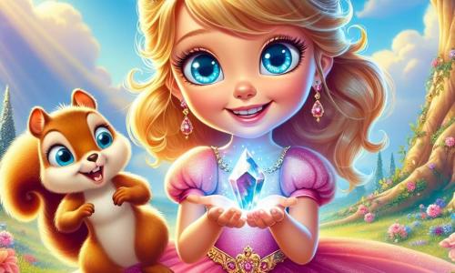 In the center of the image, Princess Lila, an 8-year-old girl, stands with a radiant smile on her face. She has golden hair that shines like the sun and sparkling sky-blue eyes full of curiosity. She wears a pink dress adorned with colorful flowers and holds a glowing crystal that emits a soft light. Next to her, Nutty, a mischievous little squirrel, perches on her shoulder. He has soft brown fur and bright eyes that shine with intelligence. Nutty looks at the crystal in wonder, his tiny paws reaching out, ready to assist the princess on her adventure. The setting is an enchanted garden where flowers dance in the breeze and majestic trees seem to whisper secrets. The sky is bright blue, dotted with fluffy clouds, and a gentle ray of sunlight illuminates the scene, creating a magical atmosphere. The main situation shows Lila and Nutty discovering the crystal of courage, a moment of joy and wonder as they stand among the vibrant flowers, ready to embark on their great adventure to save their world.